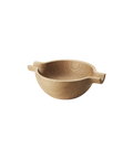 A light natural wood bowl with two small side handles, shown on a plain white background.