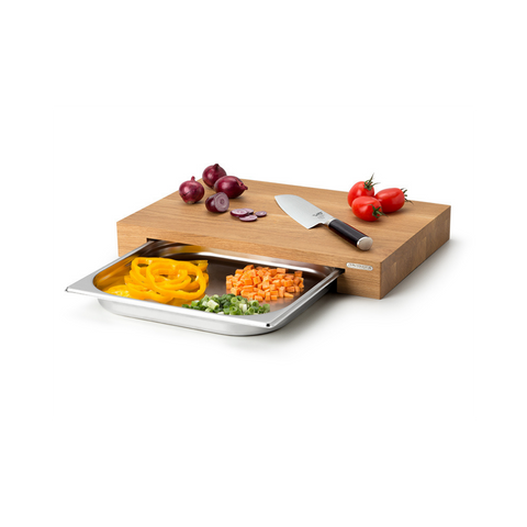 CONTINENTA Oak Cutting Board with Stainless Steel Drawer 39 × 27