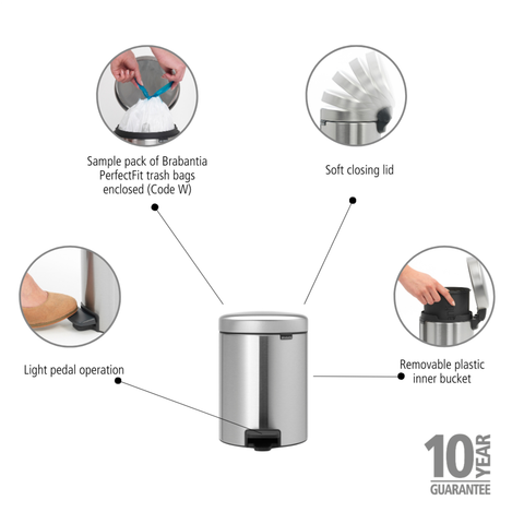 Brabantia NewIcon Pedal Bin 5 Litre – Matt Steel Fingerprint Proof