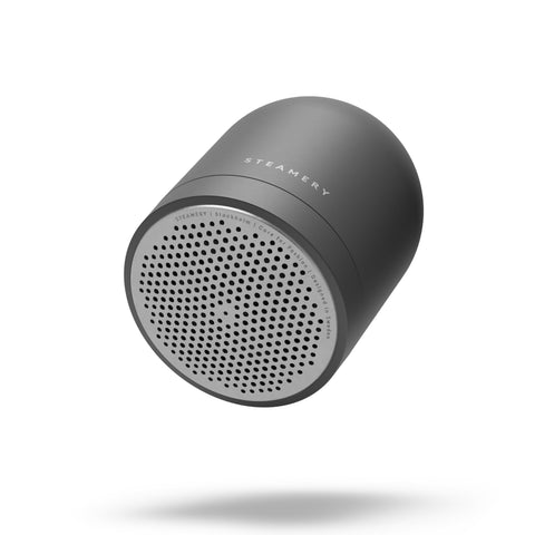 Black cylindrical device with 'Steamery' branding on a white background